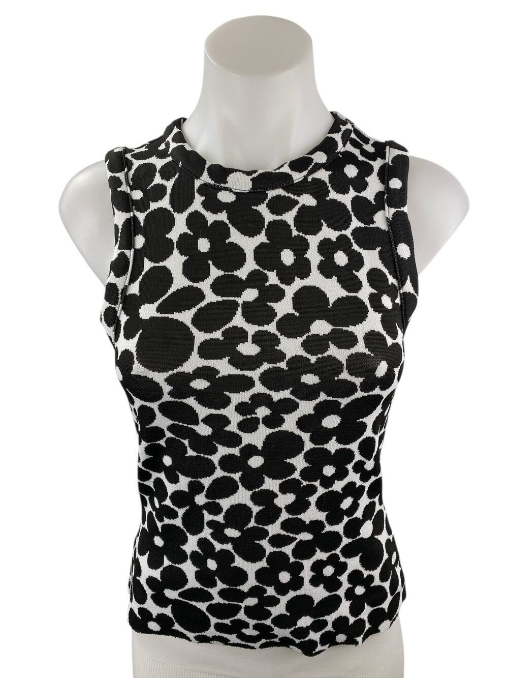 H&M Divided Black White Retro Floral Sleeveless Mock Neck Slim Casual Tank Top S